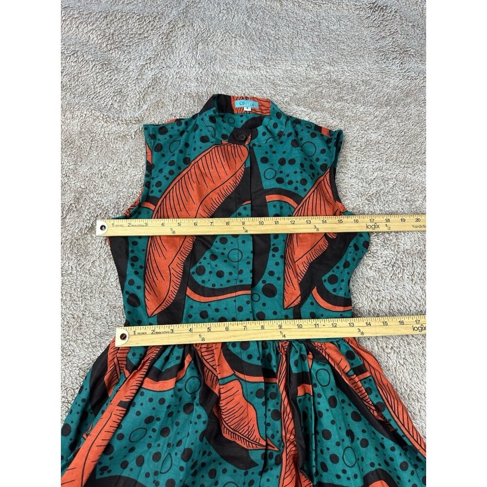 SIKA Ghana Handmade Cotton Maxi Dress Teal Orange Banana Leaf Print Size 4 - Picture 8 of 16